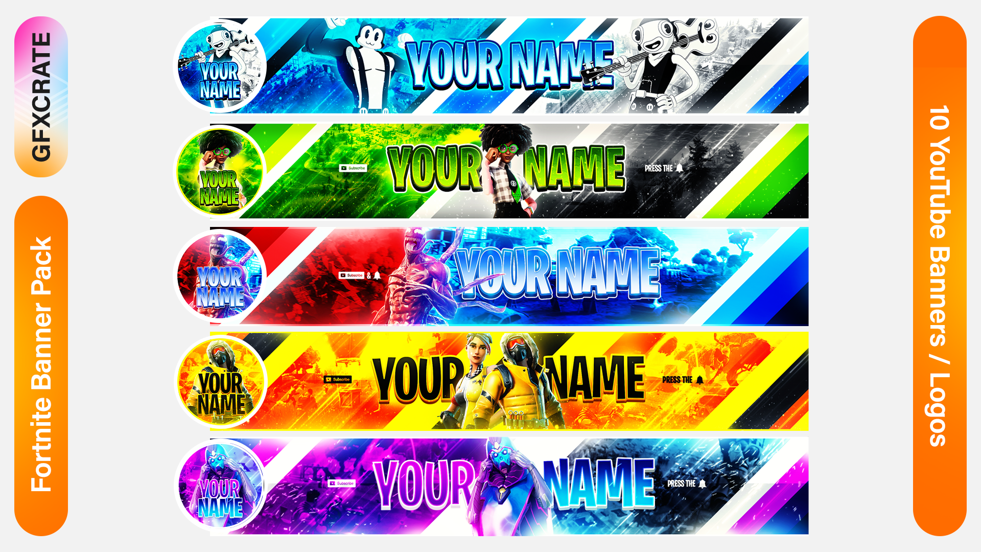 Fortnite Thumbnail Pack containing 10 YouTube Banner and Logo Templates