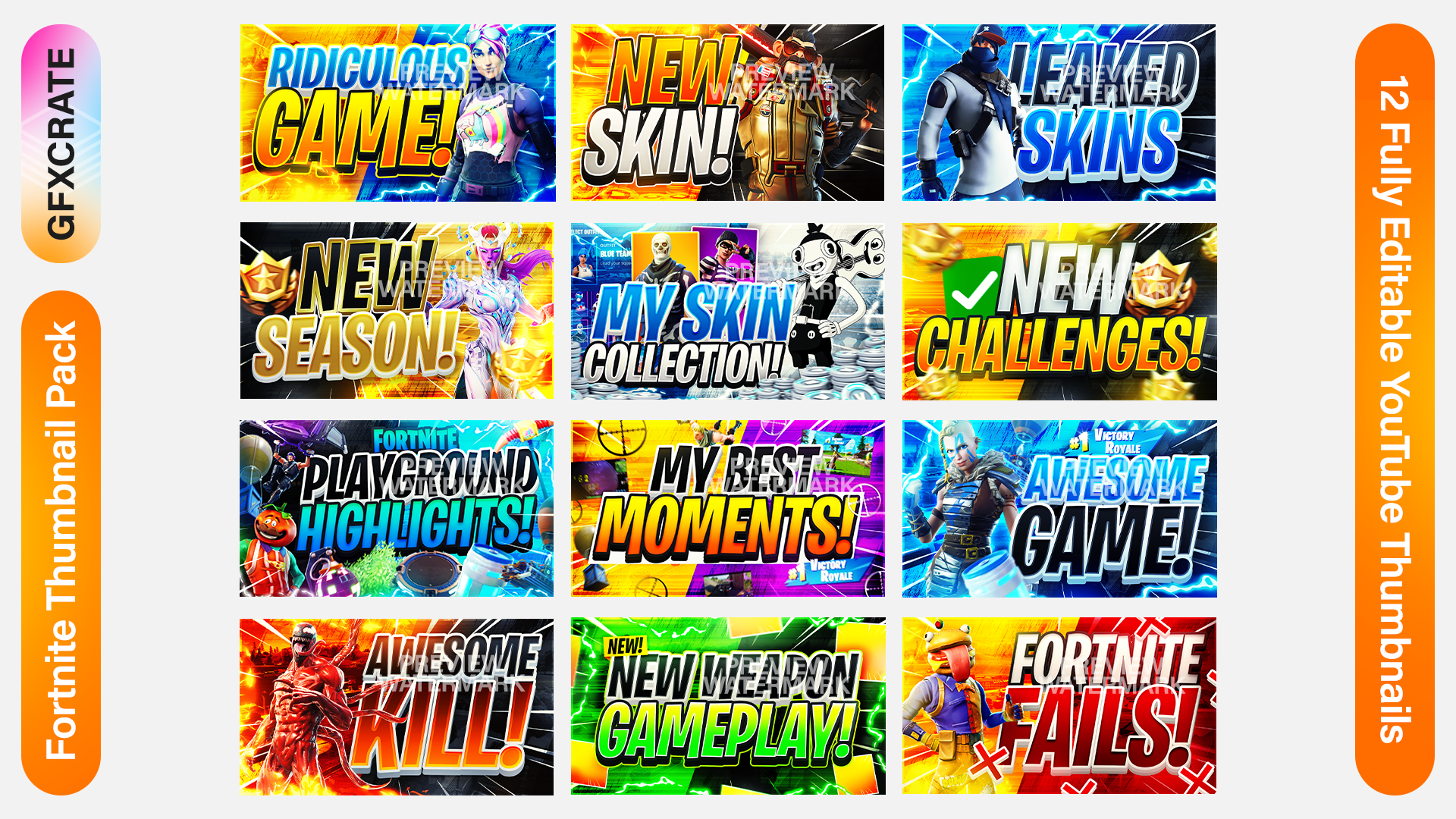 Fortnite Thumbnail Pack containing 12 YouTube Thumbnail Templates
