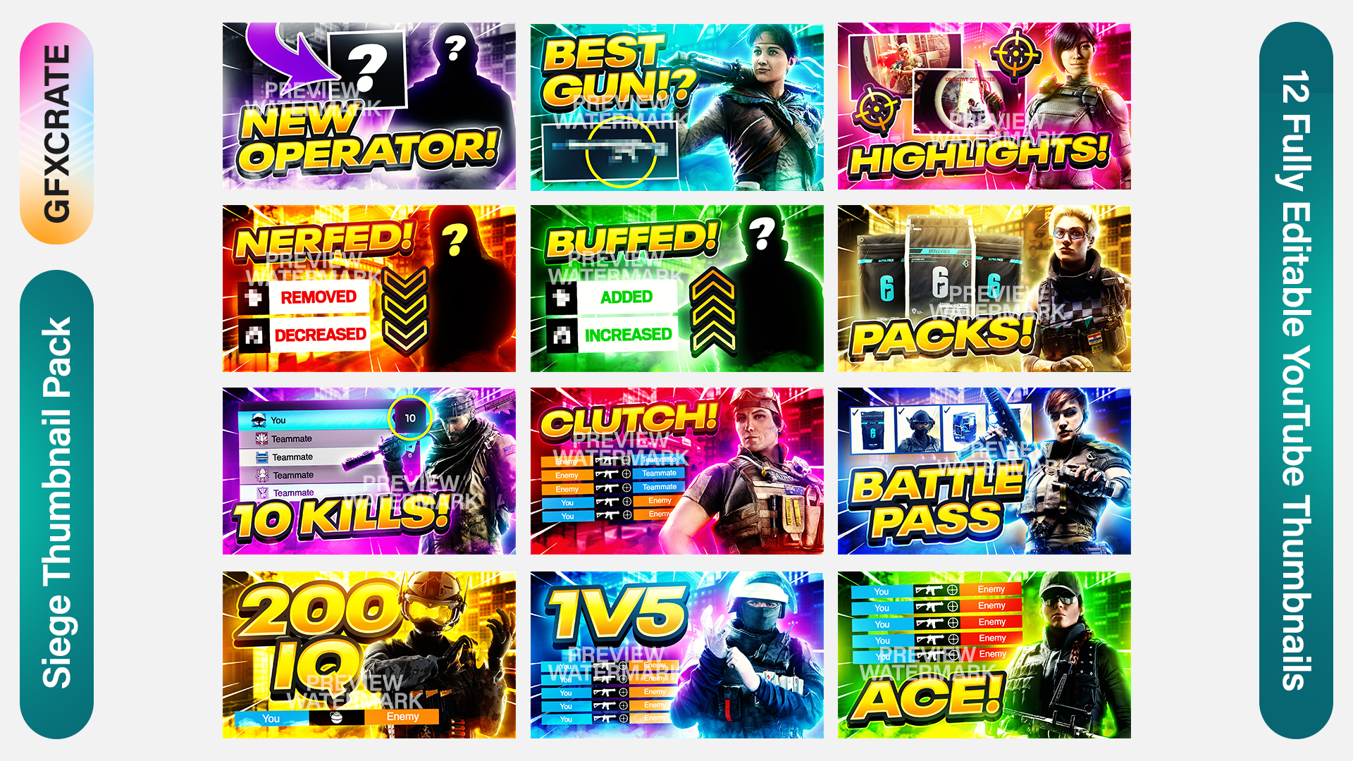 Tom Clancy's Rainbow Six Siege Thumbnail Pack containing 12 YouTube Thumbnail Templates