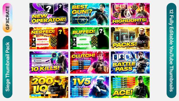 Tom Clancy's Rainbow Six Siege Thumbnail Pack containing 12 YouTube Thumbnail Templates