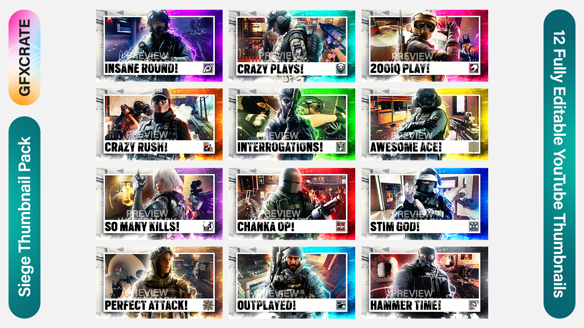 Tom Clancy's Rainbow Six Siege Thumbnail Pack containing 12 YouTube Thumbnail Templates