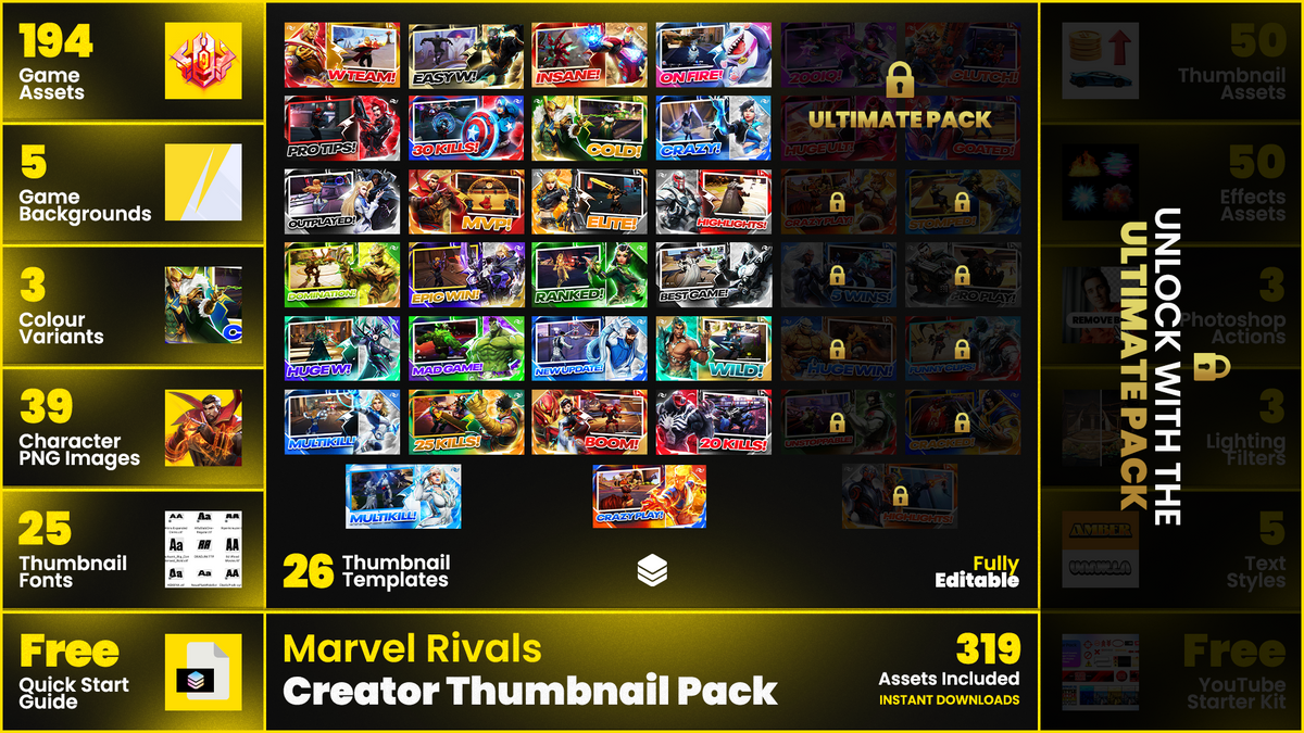 Marvel Rivals Fully Editable YouTube Thumbnails and Assets GFX Pack