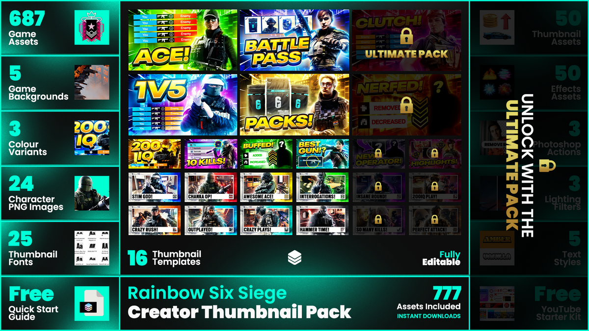 Rainbow Six Siege Fully Editable YouTube Thumbnails & Assets GFX Pack