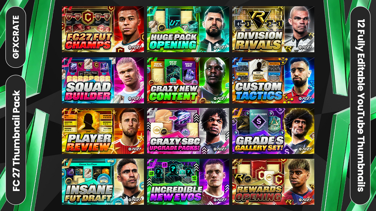 A promotional collage for a GFXCrate 'FC 27 Full Pack' bundle containing 12 fully editable YouTube thumbnails. The image displays a 4x3 grid of colorful thumbnail designs featuring football player portraits and text like 'FC 27 Full Champions', 'Huge Pack Opening', and 'Division Rivals'.