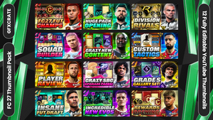 A promotional collage for a GFXCrate 'FC 27 Full Pack' bundle containing 12 fully editable YouTube thumbnails. The image displays a 4x3 grid of colorful thumbnail designs featuring football player portraits and text like 'FC 27 Full Champions', 'Huge Pack Opening', and 'Division Rivals'.