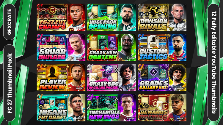 A promotional collage for a GFXCrate 'FC 27 Full Pack' bundle containing 12 fully editable YouTube thumbnails. The image displays a 4x3 grid of colorful thumbnail designs featuring football player portraits and text like 'FC 27 Full Champions', 'Huge Pack Opening', and 'Division Rivals'.