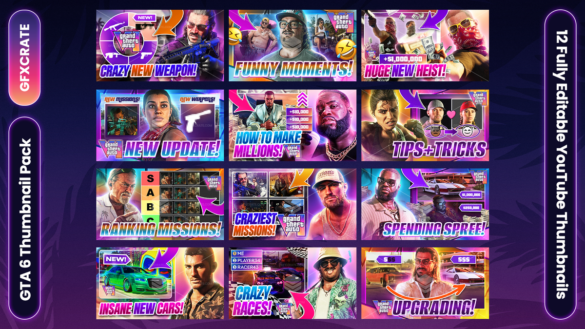GTA 6 Fully Editable YouTube Thumbnail Pack (Grand Theft Auto VI)