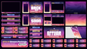 A digital preview sheet for a GTA 6 stream pack showing multiple stream overlay graphics and chat banners in a purple, pink, and orange gradient theme, with text such as 'BE RIGHT BACK,' 'STARTING SOON,' 'STREAM IS OFFLINE,' and platform icons including Discord, Instagram, TikTok, and YouTube.