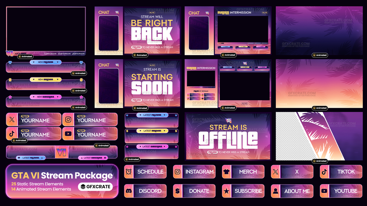 A digital preview sheet for a GTA 6 stream pack showing multiple stream overlay graphics and chat banners in a purple, pink, and orange gradient theme, with text such as 'BE RIGHT BACK,' 'STARTING SOON,' 'STREAM IS OFFLINE,' and platform icons including Discord, Instagram, TikTok, and YouTube.