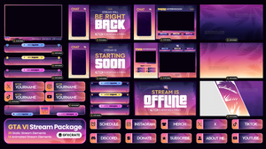 A digital preview sheet for a GTA 6 stream pack showing multiple stream overlay graphics and chat banners in a purple, pink, and orange gradient theme, with text such as 'BE RIGHT BACK,' 'STARTING SOON,' 'STREAM IS OFFLINE,' and platform icons including Discord, Instagram, TikTok, and YouTube.