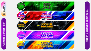 Gaming Channel Banner Pack containing 10 YouTube Banner and Logo Templates