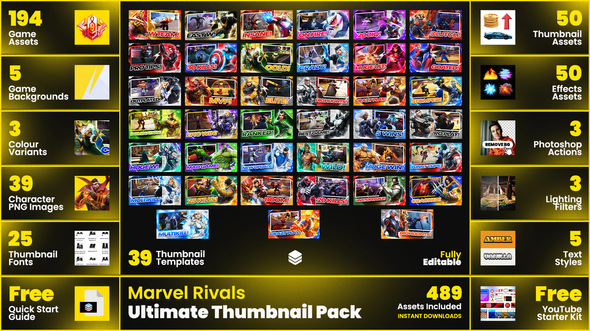 Marvel Rivals Fully Editable YouTube Thumbnails and Assets GFX Pack